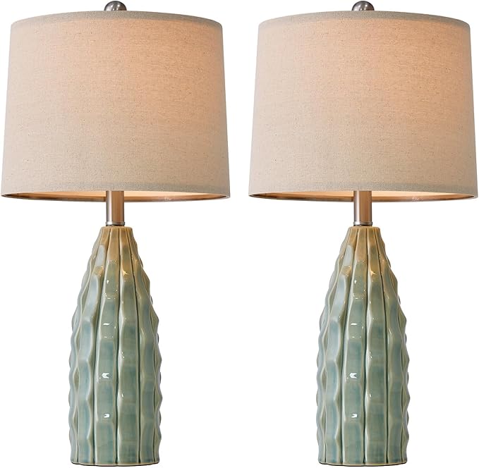 Ceramic Table Lamps Set of 2, 23.75" Modern Farmhouse Bedside Lamp - Green Nightstand Lamps for Bedroom, Boho Living Room End Tables, Small Office Desk Lamp Decor - Bloomnest