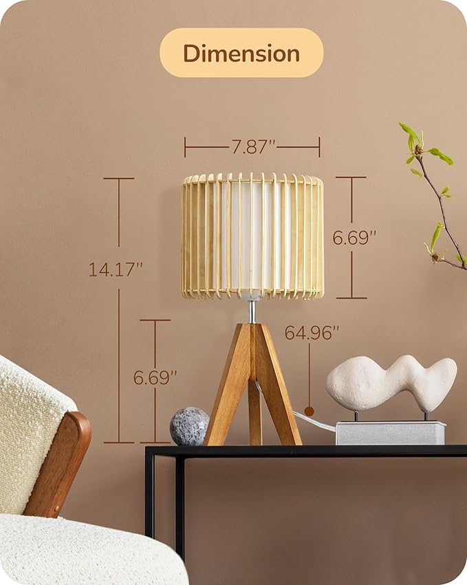 EDISHINE 14.17" Small Table Lamp, Wood Tripod Bedside Lamp, Natural Wood-Colored Hollow & White PVC Shade, E26 Base, Boho Nightstand Lamp for Bedroom, Living Room, Office, Study - Bloomnest