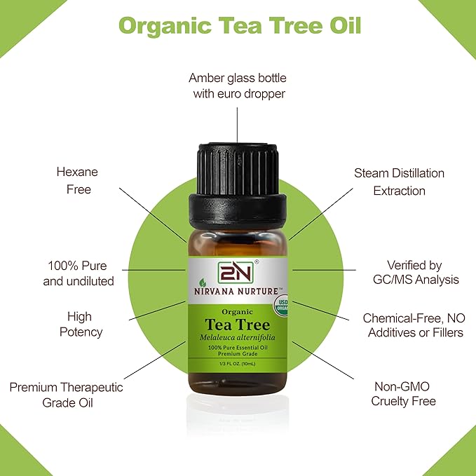 Tea Tree Essential Oil, USDA Certified Organic, 100% Pure Undiluted, Aromatherapy Oil for Diffuser, Hair & Skin Care NirvanaNurture