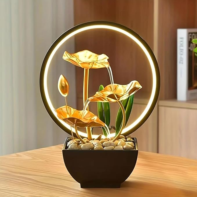 Tabletop Water Fountain with Led Light, Gold Lotus Waterfall Fountain Indoor 11 in USB Powered Flower Waterfall Zen Table Fountains with 1 Replacement Water Pump - Bloomnest