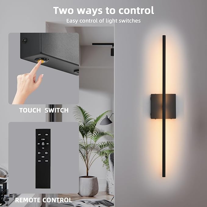 Battery Operated Wall Sconces set of 2, 16000mAh Black Rechargeable Wall Sconce with Remote Control, 3000K-6000K Dimmable LED Wireless Wall Light for Living Room, Hallway, Bedroom, Stairs, 29 Inchs - Bloomnest