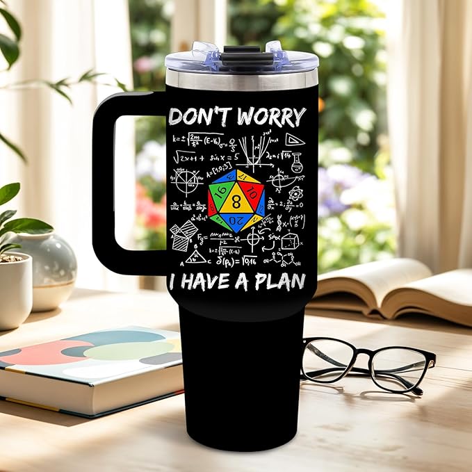DUUV Funny Tumbler 40 Oz with Handle, Don't Worry I Have a Plan Dice and Math Design, Sarcastic Nerd Gifts for Gamers Math Lovers, Birthday Christmas Gift, 1PCS - Bloomnest