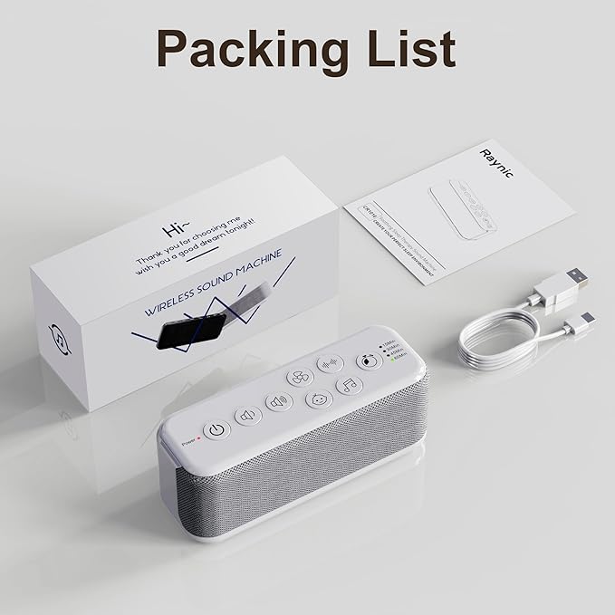 Raynic White Noise Machine, 42 Soothing Sounds Noise Machine, Rechargeable Battery Sound Machine with 8 Volumes, 5 Timers, Type-C Port, Headphone Jack for Baby, Adult, Home, Travel, Office - Bloomnest