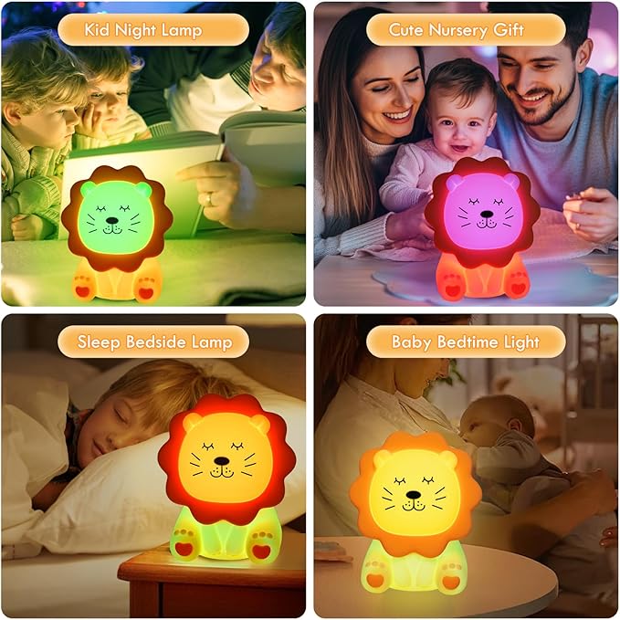 Night Light for Kids, 7 Colors Soft Silicone Kids Night Light with 3 Level Dimmable, Rechargeable Anti-glare Nursery Night Light with Warm White & Multicolor, Squishy Cute Lion Bedside Touch Lamp - Bloomnest