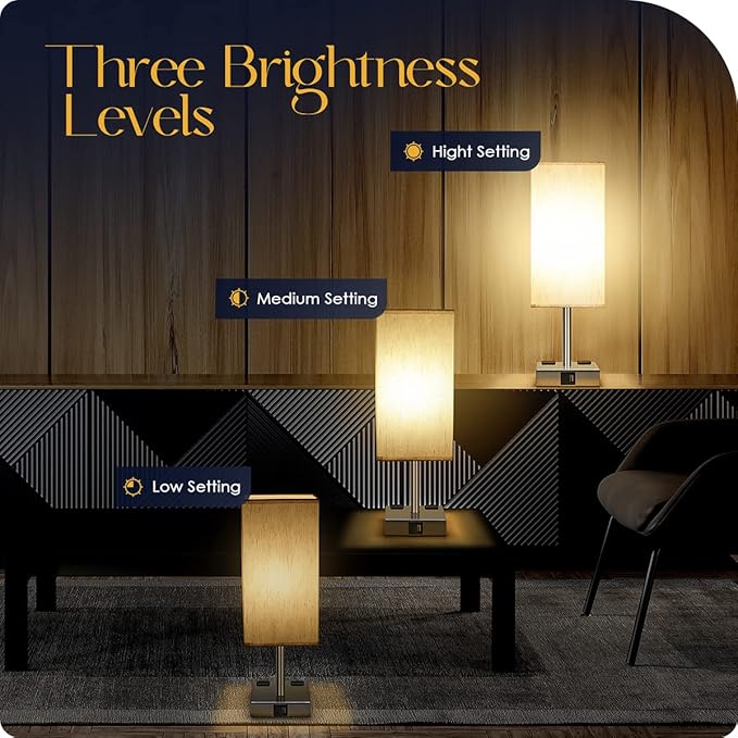 Bedside Lamp with USB Ports - Touch Control Table Lamp for Bedroom with USB C+A Charging Ports & AC Outlets, 3 Way Dimmable Nightstand Light for Living Room (LED Bulb Included, Chrome - Flaxen) - Bloomnest