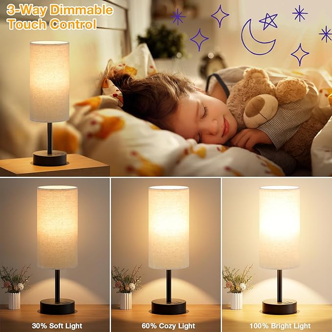Dicoool Beige Touch Lamp for Bedroom with USB - 3 Way Dimmable Table Lamp for Nightstand, Small Lamp with Black Charging Station for Desk Dorm, Office, Nursery - Bloomnest