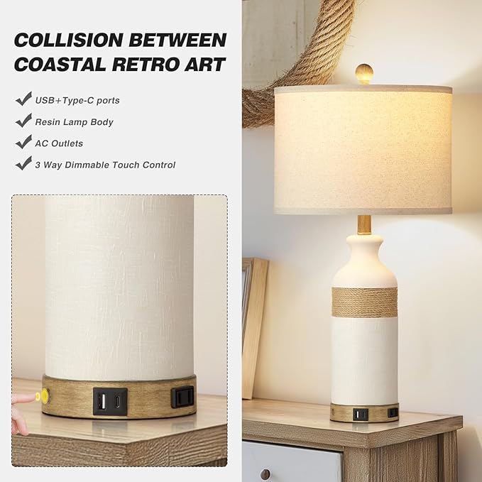 Boho Rattan Table Lamps for Bedroom Nightstand 26" Farmhouse Bedside lamp Set of 2 with USB C+A Ports & AC Outlet,3-Way Dimmable Touch Control Vintage Lamps for Living Room(Include Bulbs) - Bloomnest
