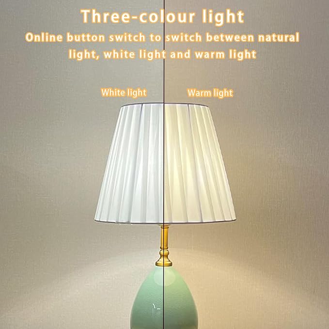 Large Table Light 3 Color Adjustable Ceramic Lamp Vintage Nightstand Lamps Dimmable Bedside Table Lamps for Living Room Bedroom Home Office (Green Fabric lampshade) - Bloomnest