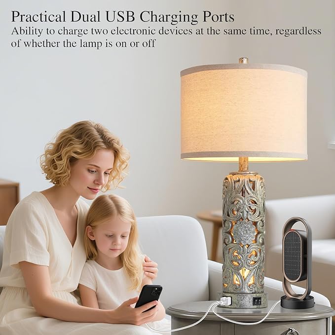 25'' Set of 2 Industrial Table Lamps for Living Room with Dual USB Ports, Vintage Resin Nightstand Lamp for Bedroom with Nightlight, Antique Rustic Desk Lamp for Entryway, 2 Bulbs Included - Bloomnest