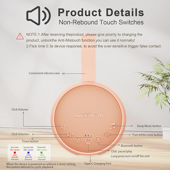 White Noise Machine for Sleeping Adults & Baby, Portable Sound Machine with 24 Soothing Sounds, Bluetooth 5.1, Battery Powered, 3 Timer Settings, Memory Function for Home, Office, Travel (Orange)