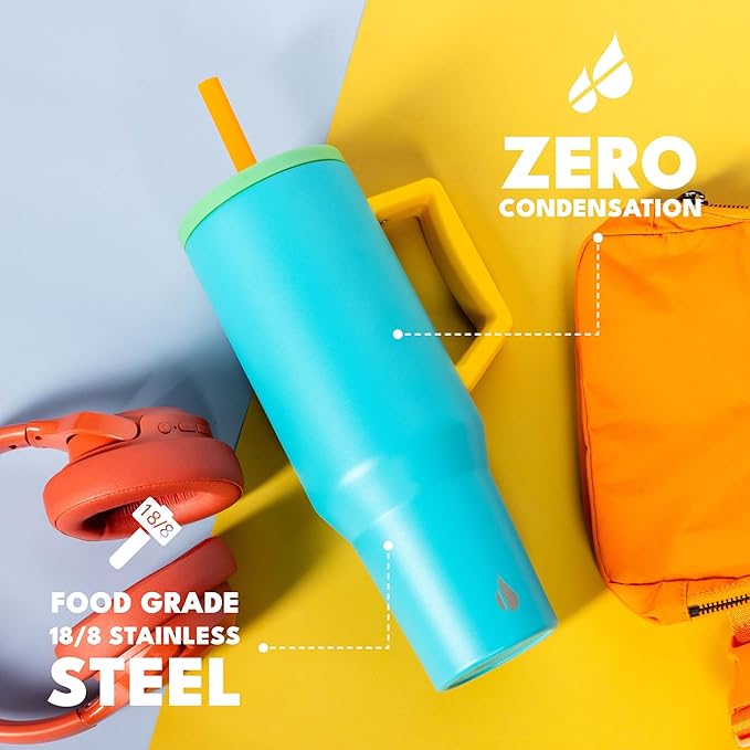 Elemental 40 oz Tumbler with Handle and Straw - Spill Proof Insulated Stainless Steel Commuter for Hot and Cold Beverages - Travel Coffee Mug with 2 Straws & Spill Proof Lid - 40oz - Blue Lagoon - Bloomnest