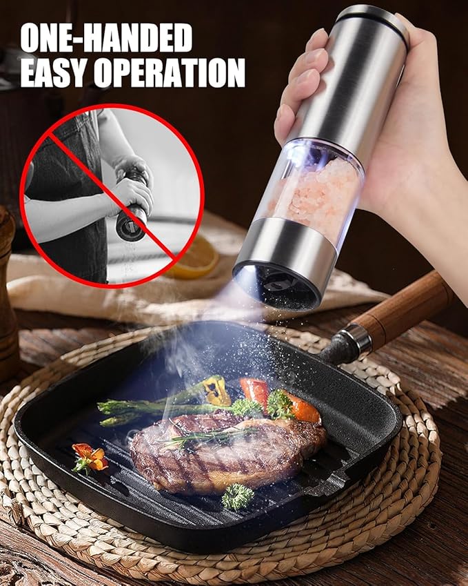 GiveBest Electric Salt and Pepper Grinder Set – Rechargeable Stainless Steel Mills, 100 ml Automatic Shakers Set with 6-Level Adjustable Coarseness and Light, Upgraded Larger Capacity - Bloomnest