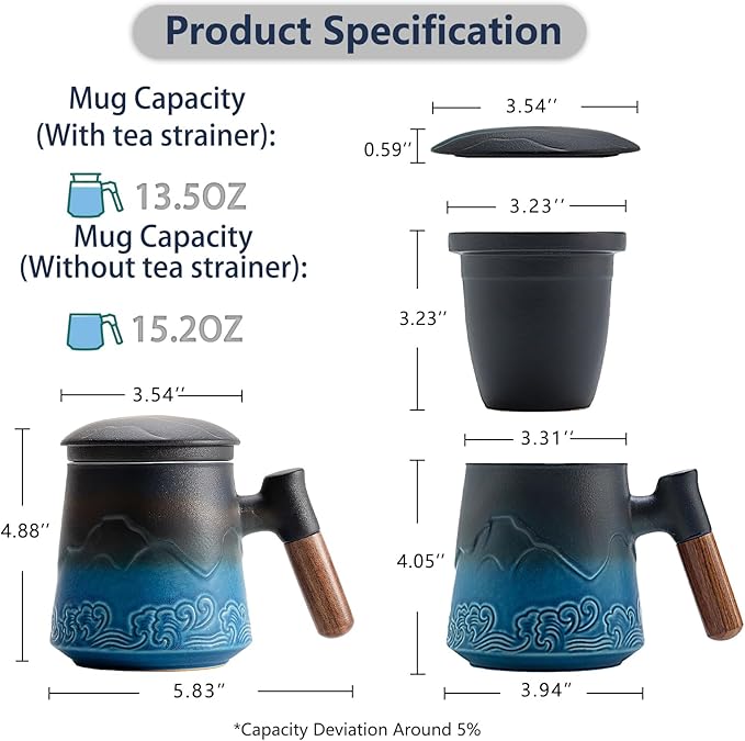 ZENS Tea Cup with Infuser and Lid for Loose Leaf Steeping, 16.9oz Embossed Ceramic Tea Infuser Mug, Wood Handle Tea Diffuser, Great Gift