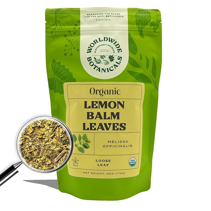 Worldwide Botanicals Organic Lemon Balm Tea, 6 Ounces - Loose Leaf Premium Herbal Tea | 100% Pure Lemon Balm Leaves | For Stress Relief and Good Digestion | Kosher - Bloomnest