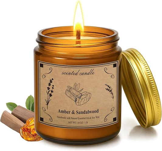 Scented Candles, 16oz Large Jar Soy Wax Candle – Amber & Sandalwood with Premium Plant Wax Blend for Consistent Burn, Aromatherapy Candle for Home Scented, Relaxation and Gift for Women/Men - Bloomnest