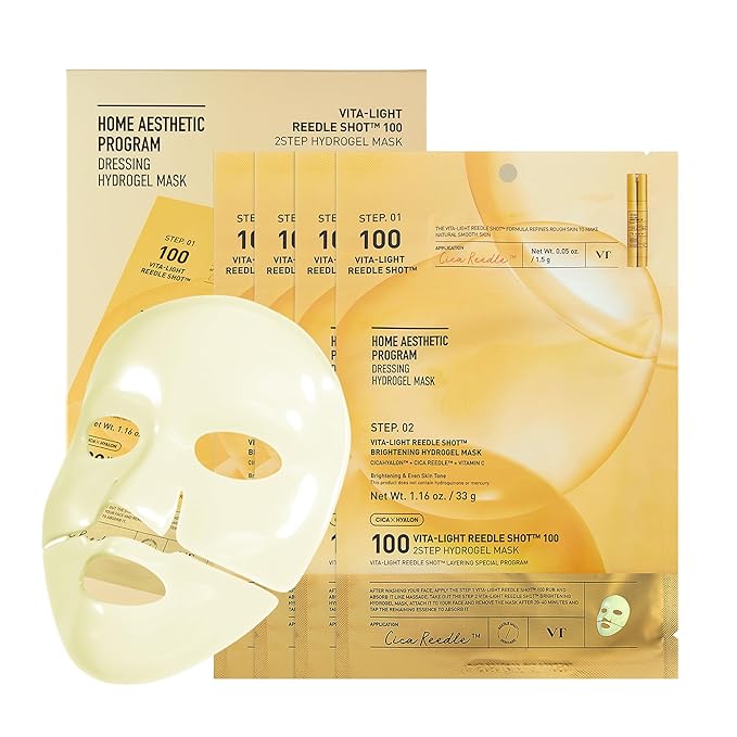 VT COSMETICS Vita-Light Reedle Shot 100 2-Step Hydrogel Mask(34.5gx4ea), Intensive Glowing, Exosome Glutathione Face Mask, Overnight Melting Mask, Korean Facial Mask - Bloomnest