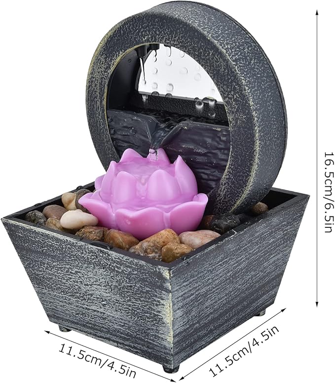 Tabletop Fountain, 3V 16.5x11.5x11.5cm Plastic Flower Tabletop Water Fountain, Home Decor with Stones LED Lights for Home Office Indoor Spaces Decor