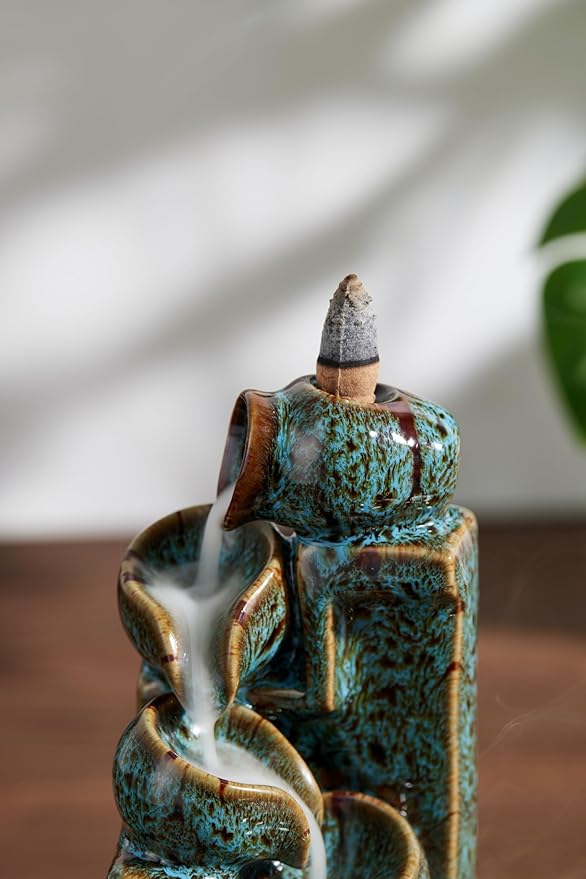 Unique Cascading Basins Ceramic Waterfall Incense Holder, Paired with a Pack of Backflow Incense Cones. (Fambe Blue) - Bloomnest