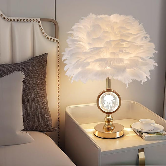Chic White Feather Lamp Decoration Fluffy Table Lamp Creative Princess Goose Feather Desk Lamp Teen Girl Wedding Bedroom Romantic Bedside Nightstanding Light - Bloomnest