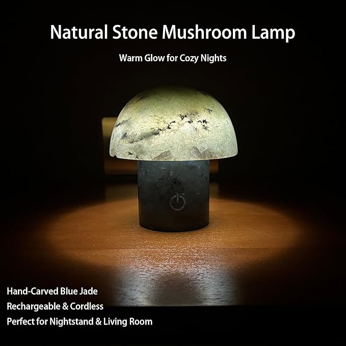 Handcrafted Onyx Mushroom Lamp - 4.3" x 4.7" Natural Marble Stone Night Light with 3-Level Brightness, Rechargeable Touch LED Accent Light for Bedroom, Office, Gift - Bloomnest