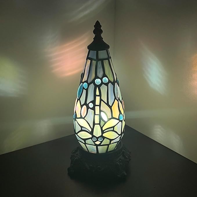 Small Tiffany Lamp Stained Glass Table Lamp 5.5X11 Inch Christmas Tree Lighthouse Mini Accent Memory Sympathy Antique Night Light for Bedroom Living Room (Colorful)