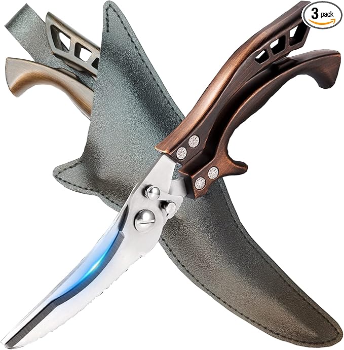 ANDONG Kitchen Scissors, Heavy Duty Professional Poultry Shears, Stainless Steel Spring Loaded, Dishwasher Safe, with Black Leather Sheath - Bloomnest