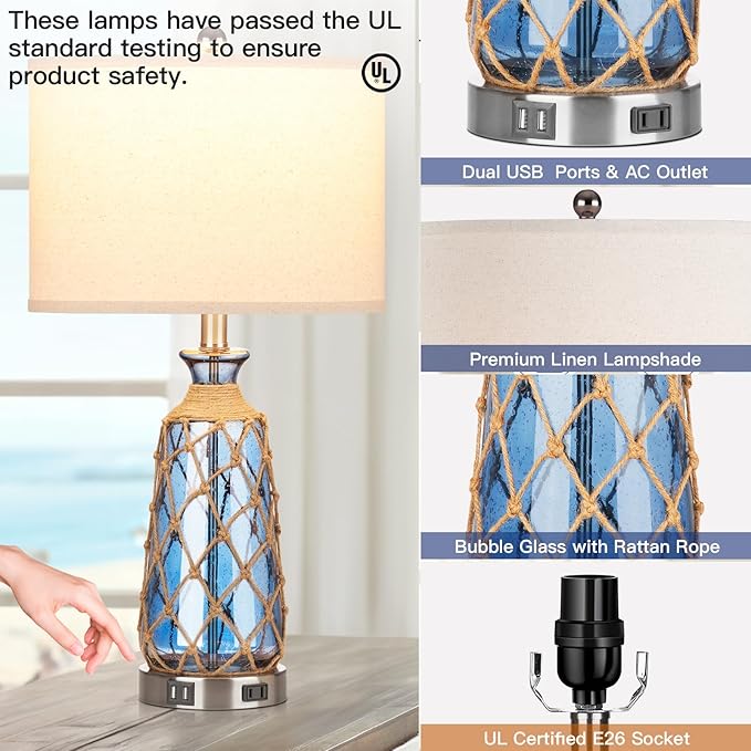 25.5" Coastal Glass Table Lamps Set of 2, 3-Way Dimmable Touch Control Bedside Lamps with 2 USB Ports and AC Outlet, Blue Nautical Nightstand Lamps for Bedroom Living Room (LED Bulbs Included) - Bloomnest