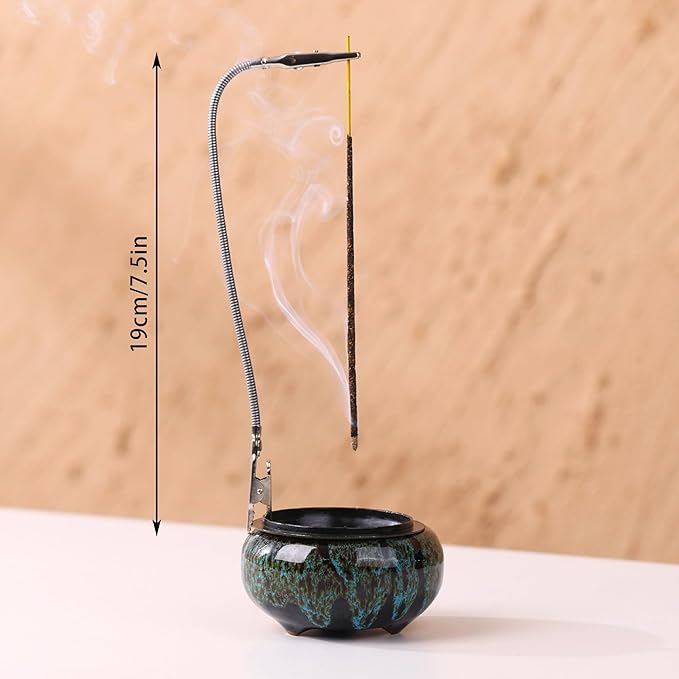 Incense Burner with Calabash Incense Stick Holder - Porcelain Charcoal Censer for Use with Resin Granular Powder Cone or Coil Incense (Kiln-Colored Blue) - Bloomnest