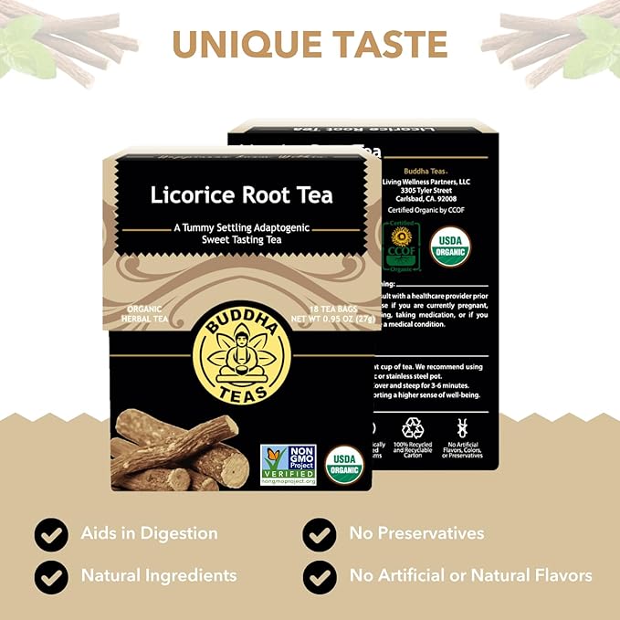 Buddha Teas - Organic Licorice Root Tea - Herbal Tea - For Health & Wellbeing - Immune Health & Digestion Support - Clean Ingredients - Caffeine Free - OU Kosher - 18 Tea Bags (Pack of 1) - Bloomnest