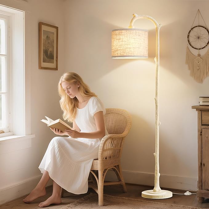 Floor Lamp for Living Room - 69" Rustic Farmhouse Tall Lamp with 3 Color Temperatures- Country Resin Vintage Reading Light Standing Lamps for Bedroom Office Classroom Home Decor, Almond White - Bloomnest