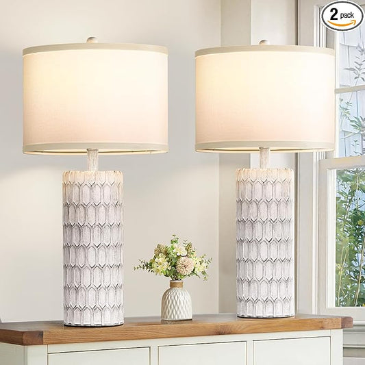 26" Farmhouse Table Lamps for Living Room Set of 2, Antique Traditional End Table Lamps for Bedroom Night Stand, White Shade Rustic Bedside Lamps with Grey-White Resin Body, Bulbs Included - Bloomnest