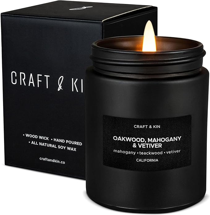 Craft & Kin Premium Oakwood, Mahogany & Vetiver Candle | Black Christmas Scented Candles for Men | Long Lasting with 45 Hour Burn Time, 7.6oz | Soy Holiday Candles | Aromatherapy at Home - Bloomnest