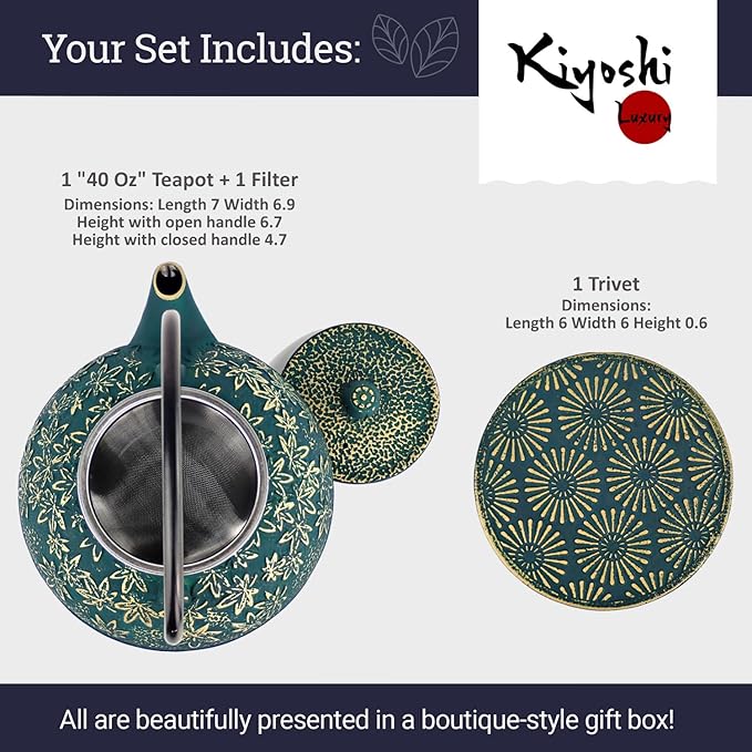 Large Japanese Cast Iron Teapot Capacity 40Oz with Trivet and Loose Leaf Tea Infuser, Cast Iron Tea Kettle Stovetop Safe. Tetsubin Coated with Enamel Interior - Green Teapot
