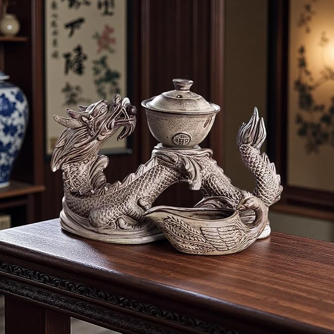 Chinese Gongfu Tea Set - Ceramic Teapot with Infuser, 8 Cups, Semi Automatic Dragon Design for Loose Leaf Tea