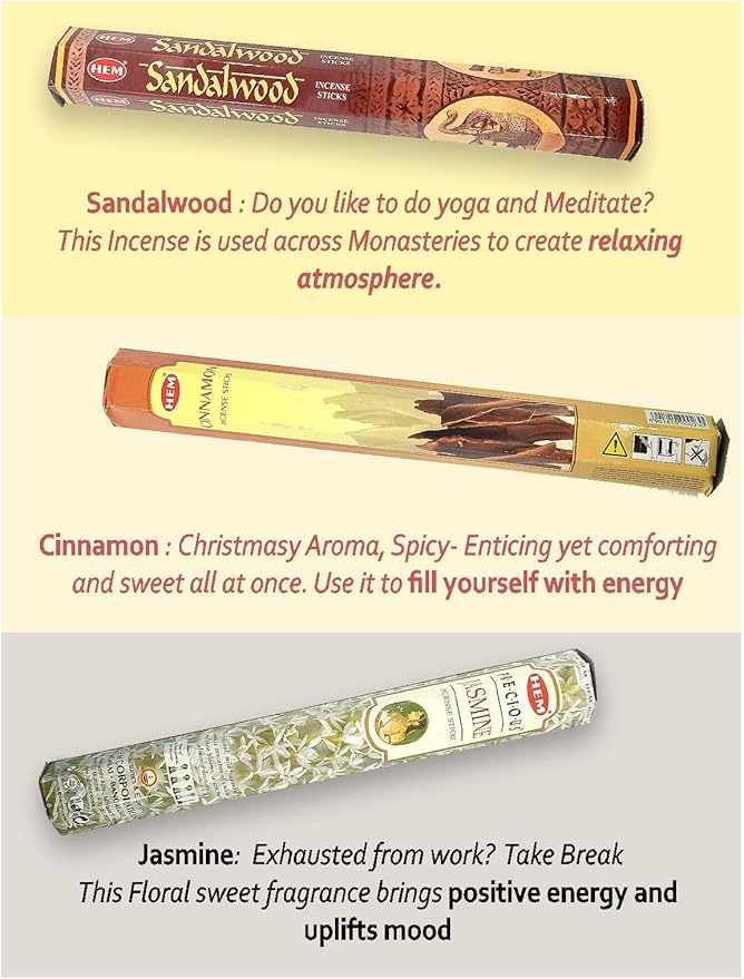 HEM Incense Sticks Variety Pack- (6 Types, 120 Scent Sticks) | Palo Santo Incense Sticks, Cinnamon Incense, Sandalwood Incense, Oud Incense, Rose Incense & Jasmine Incense Sticks