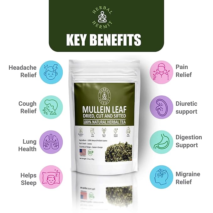 Herbal Hermit Mullein Leaf Tea (3 oz/85 grams) Herb for Respiratory Support, Mucous Membranes, Lung Cleanse Dried Leaves Blend, Cut and Sifted Made in USA - Bloomnest