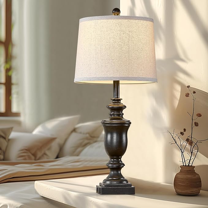 27.5" Vintage Farmhouse Table Lamps Set of 2 Bedside Lamp, 3 Way Dimmable Bedroom Lamps with 2 USB Ports +AC Outlet Touch Nightstand Lamp Rustic Lamp (Rotary-Antique Black) - Bloomnest