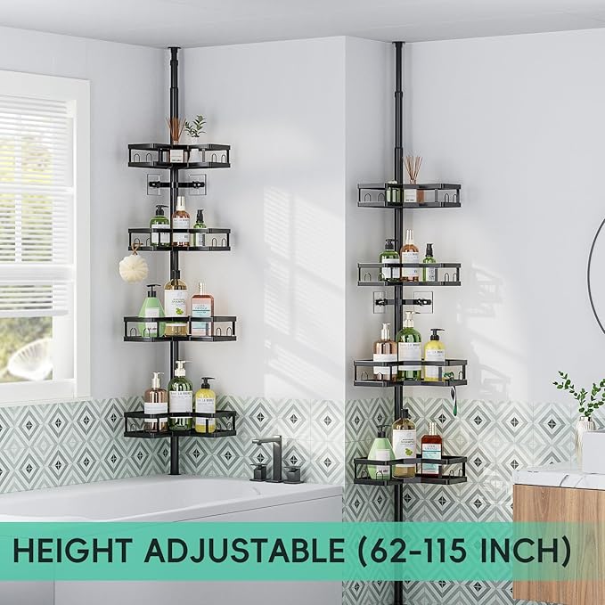 HEVEL Corner Shower Caddy Tension Pole, Adjustable Shower Organizer Corner 62-115 Inch, Rustproof Bathroom Storage Shower Shelves, Black - Bloomnest