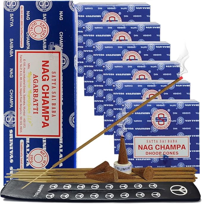 Nag Champa Incense Sticks 250g and Cones Variety Pack with Burner Holder Bundle from Satya Incense 250g Trumiri for Smudging and Aroma