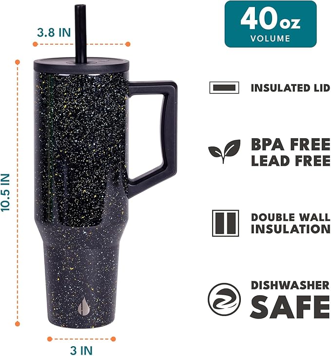 Elemental 40 oz Tumbler with Handle and Straw - Spill Proof Insulated Stainless Steel Commuter for Hot and Cold Beverages - Travel Coffee Mug with 2 Straws & Spill Proof Lid - 40oz - Black Speckle - Bloomnest