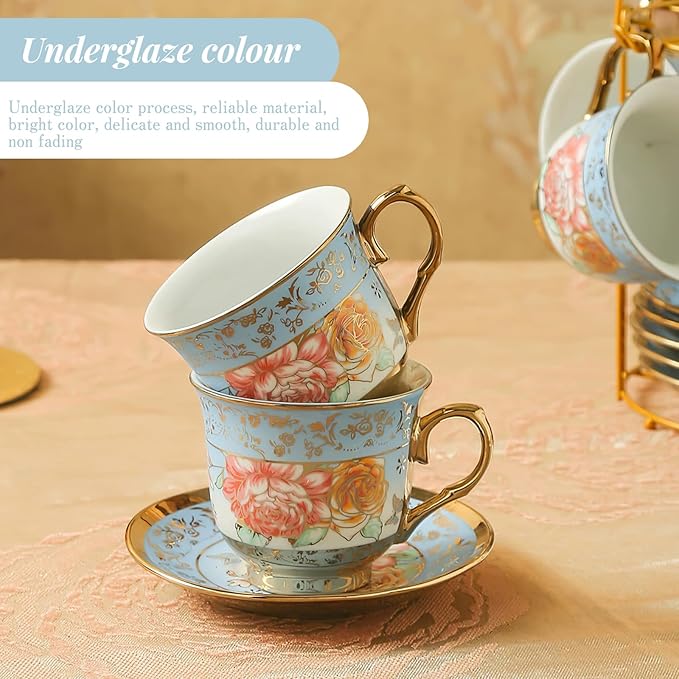 20Pcs Porcelain Tea Set for Adults, European Ceramic Tea Set Flower Ceramic Tea Cups, Teapot, & Saucers with Metal Holder for Women Tea Party (Blue) - Bloomnest