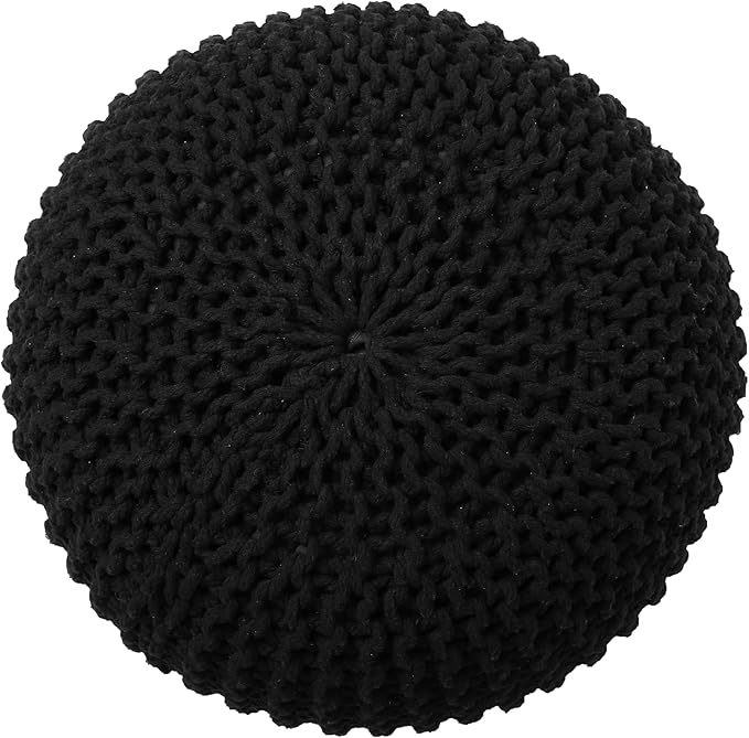 REDEARTH Round Pouf Foot Stool Ottoman - Hand Knitted Bean Bag - Cord Boho Pouffe - Cable Poof Footrest for Living Room - Nursery - Bedroom - Patio - 100% Cotton - Home Decor (19.5"x19.5"x14") - Black - Bloomnest