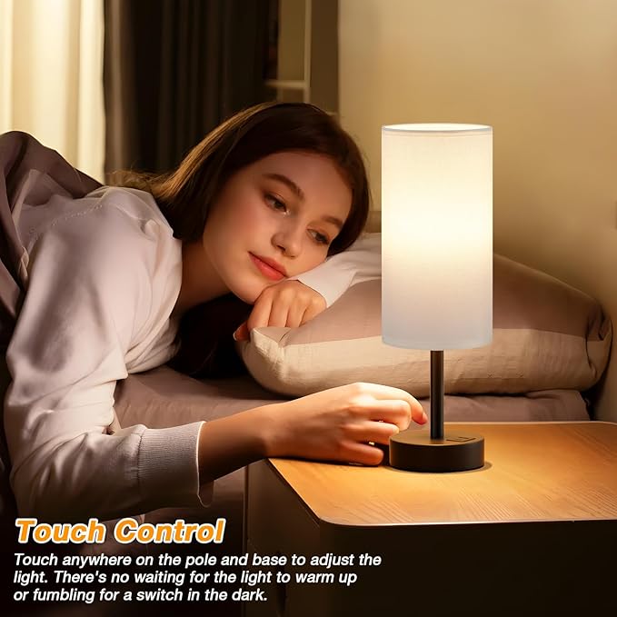 Dicoool White Touch Table Lamp with USB - 3 Way Dimmable Bedside Lamp for Nightstand, Bedroom Lamp with Black Charging Station for Desk, Office, Kids Room, Dorm, Small - Bloomnest