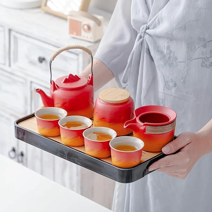 ICHAG Chinese Tea Set, Japanese Tea Sets for Adults, 15-Piece Porcelain Gongfu Tea Set with Tea Pet & Tea Tray, Japanese Teapot Set, Travel Tea Party Set, for Home/Office/Outdoor/Gifts (Red) - Bloomnest