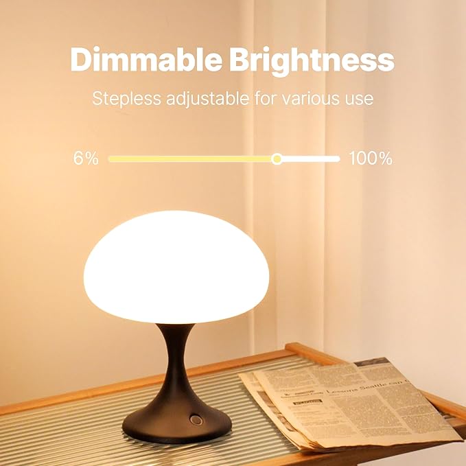 Mushroom Lamp, 5W LED Cordless Rechargeable Table Lamp with Glass Shade, Small Retro Dimmable Touch Light with 3 Color Temps, Aesthetic Mid Century Bedside Light for Bedroom Ambient, Black - Bloomnest