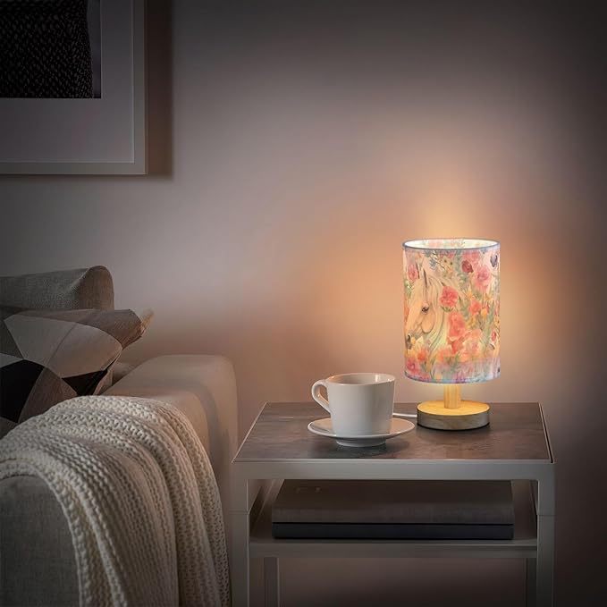 Bedside Lamp White Horse Pink Flower Table Lamp with USB Port Wood Base for Living, 5.12x9.7in/13x24.7cm, 214B3018 - Bloomnest