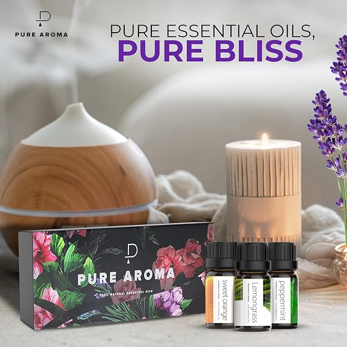 Essential Oils Set by Pure Aroma - Top 6 Aromatherapy Oils Gift Set-6 Pack, 10ml (Eucalyptus, Lavender, Lemongrass, Sweet Orange, Peppermint, Tea Tree) - Bloomnest