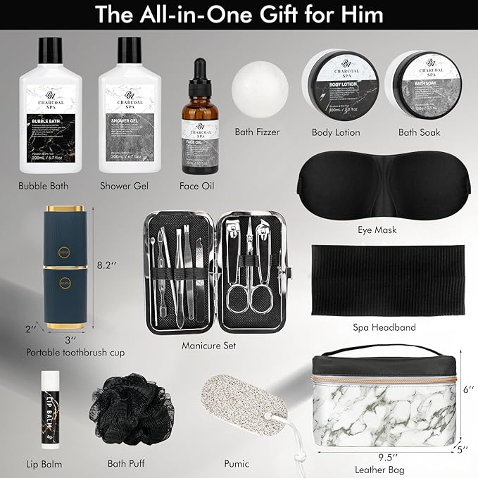 Valentines Day Gifts for Men & Women, 23pcs Bath and Body Gift Basket, Charcoal Luxury Home Spa Kit, Leather Bag, Face Oil, Birthday, Self Care Kit, Christmas, Holiday, Father's Day, Mother Day - Bloomnest