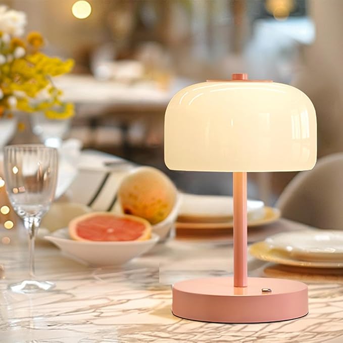 Oneach Portable Cordless Table Lamp, Rechargeable Battery Powered Lamp with Opal Glass Shade, 3-Way Dimmable LED Touch Mushroom Table Lamp for Bedroom, Bedside, Living Room, Dining Room, Patio, Pink - Bloomnest