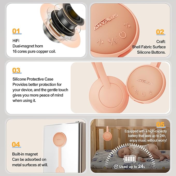 White Noise Machine for Sleeping Adults & Baby, Portable Sound Machine with 24 Soothing Sounds, Bluetooth 5.1, Battery Powered, 3 Timer Settings, Memory Function for Home, Office, Travel (Orange)